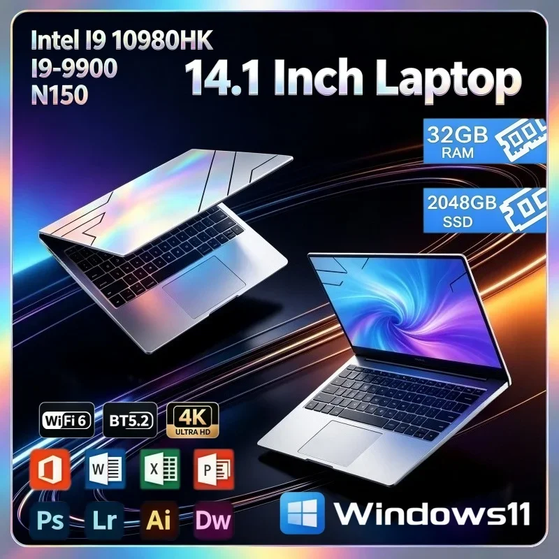 14.1'' High‑performance Notebook Intel I9‑10980HK I9‑9900 N150 Win11 System 32GB DDR4 2TB SSD Gaming Laptop For Home Office