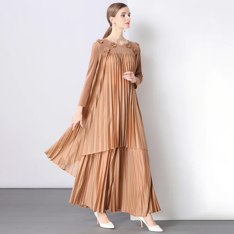 

Ele Long Sve Pleated Loose Wide Leg Pants Set Autumn New Sle plus Size Tee-dimensional Flower Embellied Women's ...