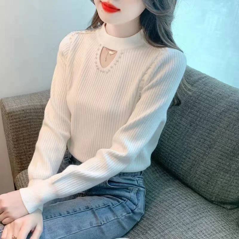 Hollow High Neck Bottoming with Beads in Autumn and Winter New Fashion Knitted Puff Long-sleeved Sweater Top