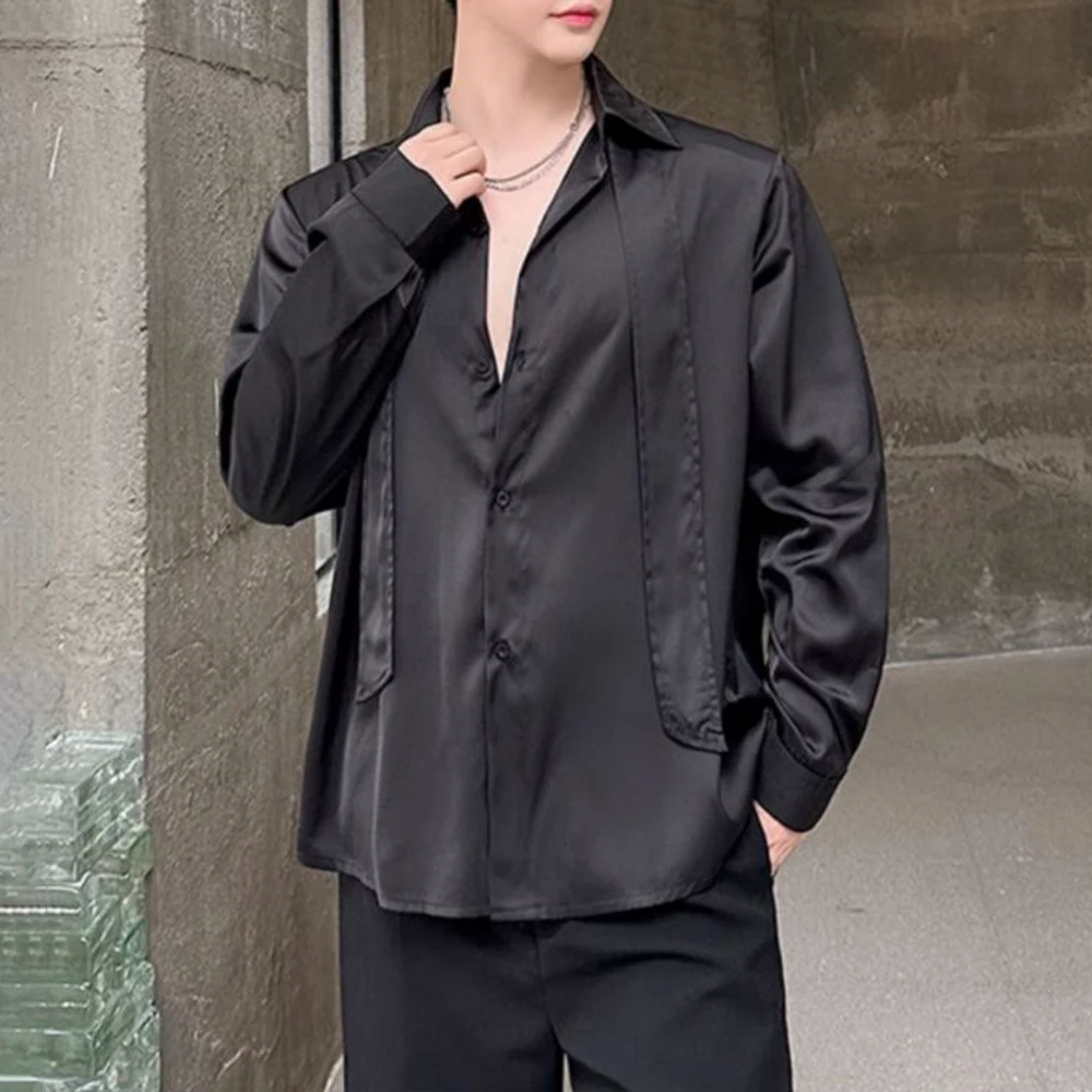 Mens Shirt Y2k Glossy Satin Tie Design Shirt Autumn Streetwear Fashion Campus Performance Casual Long Sleeve Tops Men'S Clothing
