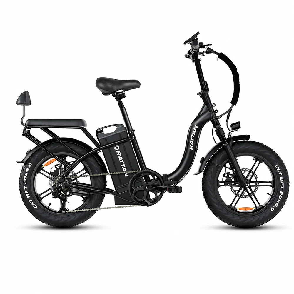 RATTAN LF Ultra Faltbares Elektrofahrrad 1000W 48V 40.5Ah Erwachsenen-E-Bike mit Rücksitz, Vorderradaufhängung und Scheibenbremsen, Schwarz
