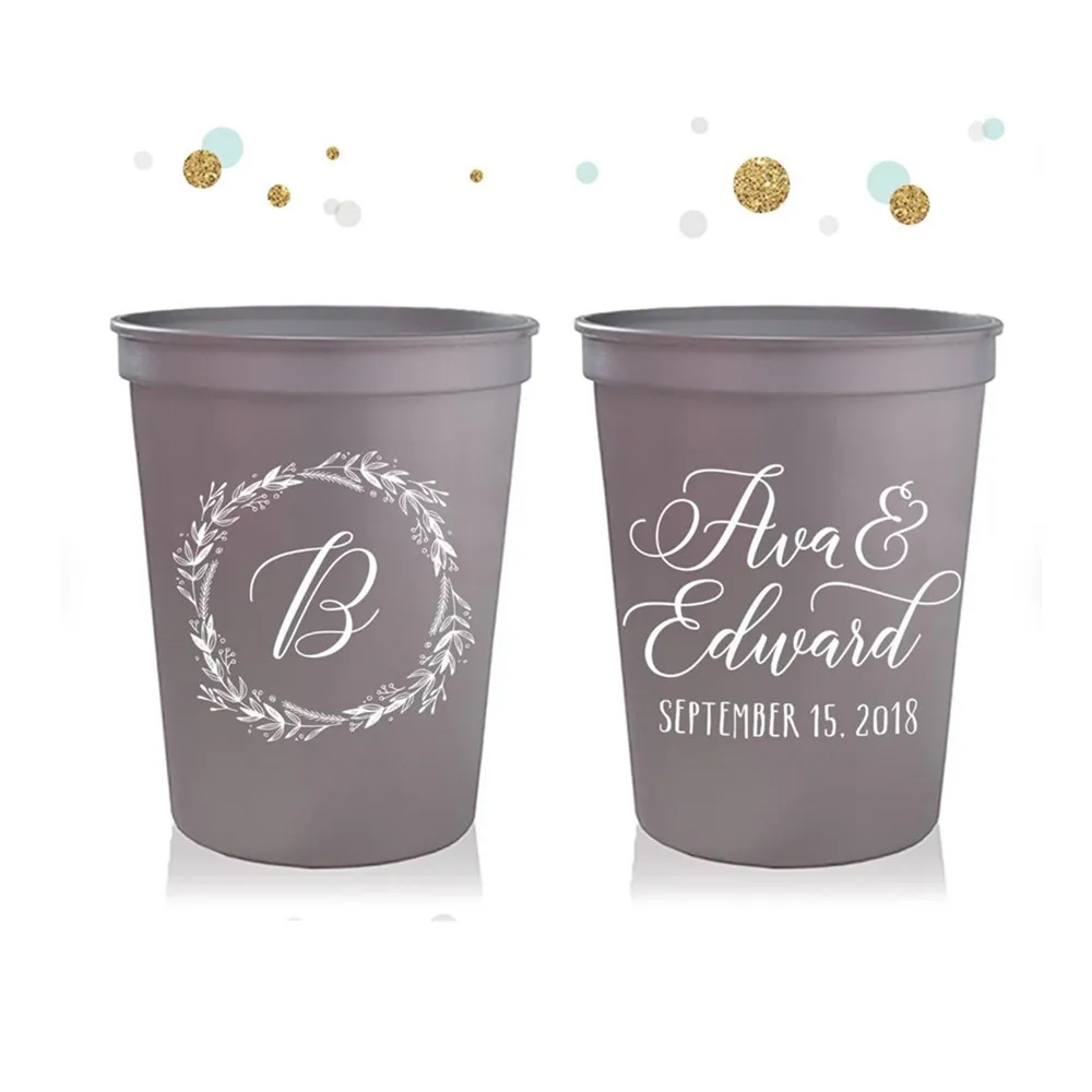 

Monogram Wreath - Wedding Stadium Cups - Custom - Bridal Wedding Favors, Wedding Cups, Party Cup