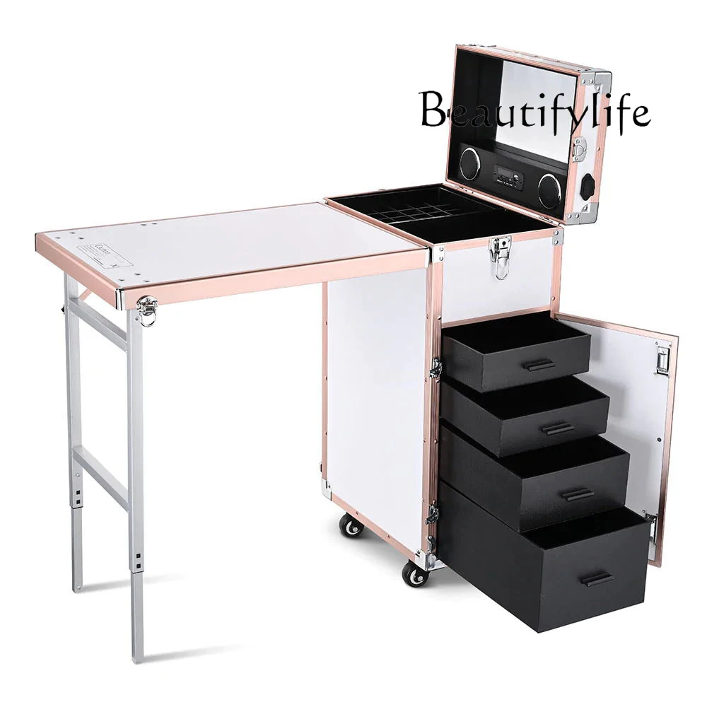 

Professional Cosmetic Organizer Box with Portable Manicure Nail Table on Wheels With Drawer Station Desk White