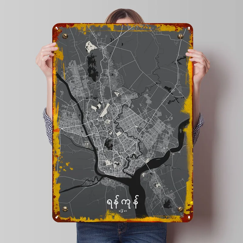 Yangon Map Metal Poster Plates Custom Metal Tin Signs for Wall Art Decoration Aesthetic Room Decor Men Vintage Home Decor Items