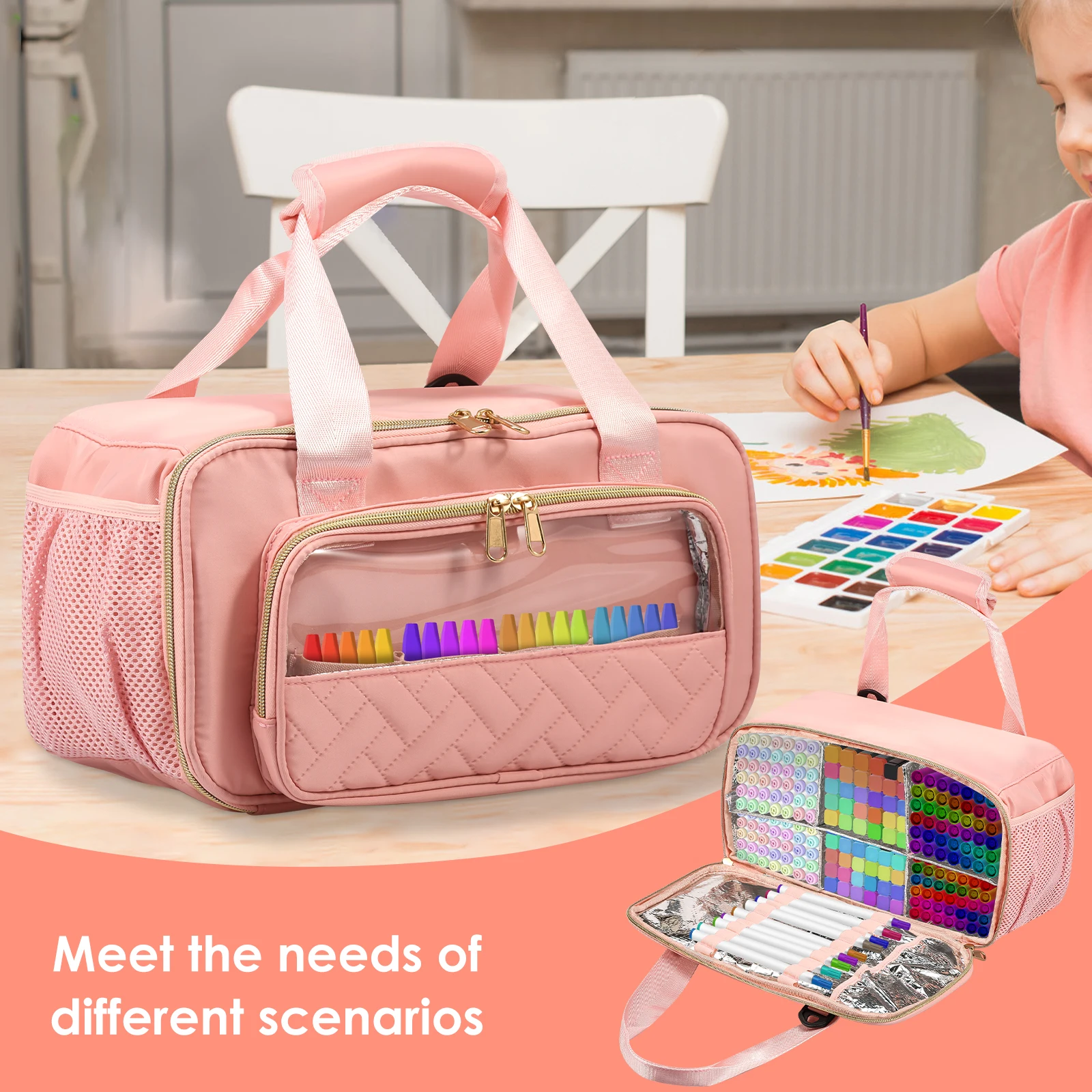 Organizer na markery, duża pojemność, torba do przechowywania artykułów plastycznych z przegródkami i łatwymi do czyszczenia wkładkami do zajęć plastycznych i malowania na zewnątrz.