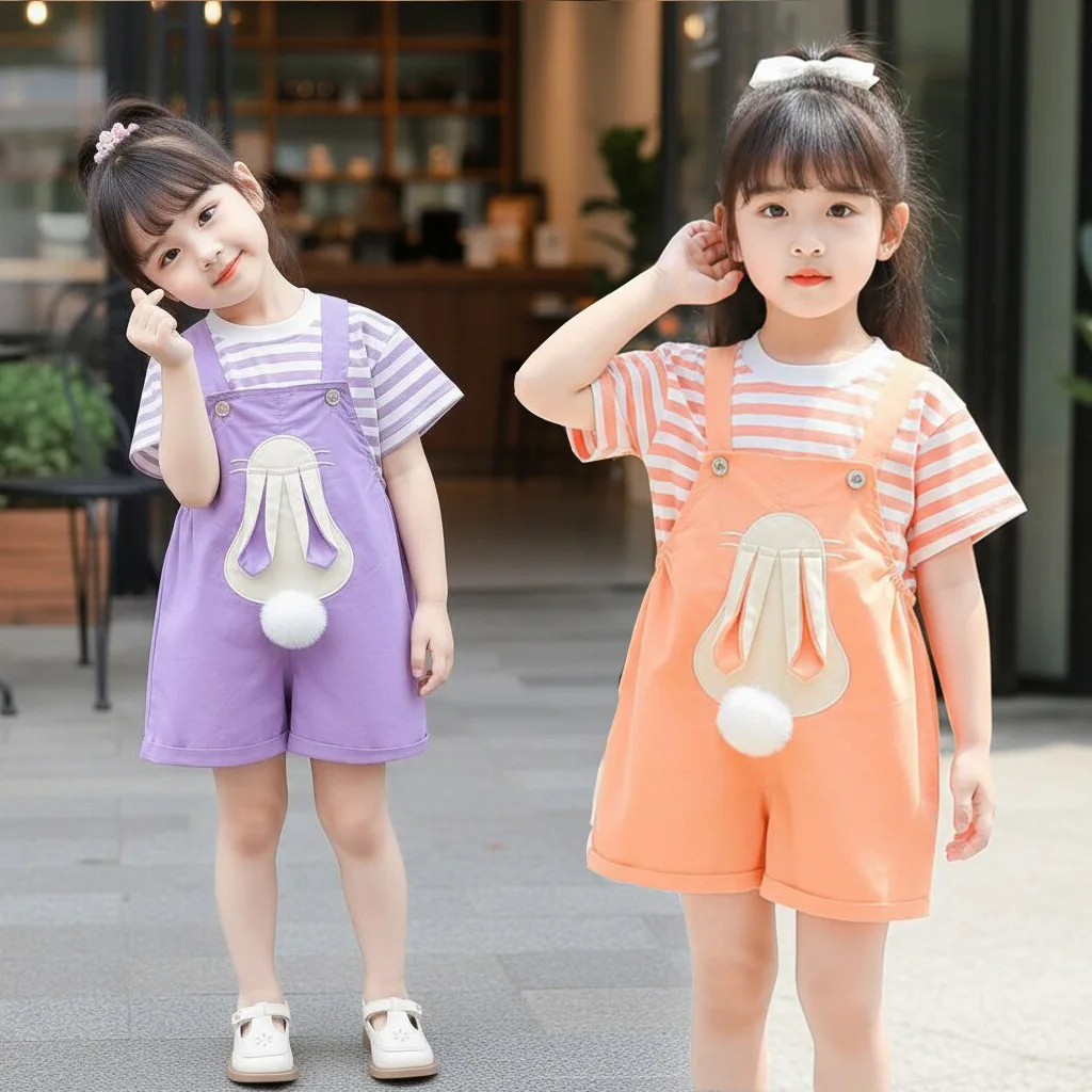 2026 Summer New Toddler Girls Striped Short Sleeve Suit Three Dimensional Rabbit Strap Overalls Lovely Daily Girl Outfit