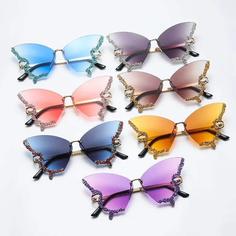 Nuevas gafas de sol de lujo sin montura con forma de mariposa antiluz azul, gafas de sol únicas a la moda para mujer, gafas de protección ocular para exteriores, gafas con diamantes