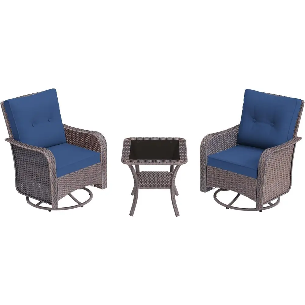 

Navy Blue 3-Piece Wicker Swivel Rocking Chair Set with Outdoor Patio Glider and Glass Top Coffee Table