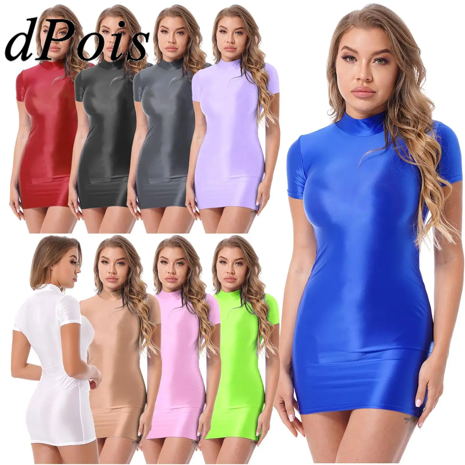 

Womens Bodycon Dress Sexy Short Sleeve Glossy Shiny Mini Dresses for Rave Party Clubwear Prom Club Bar Pole Dancing Clothes