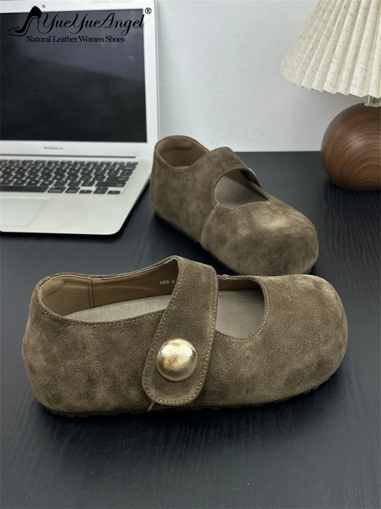 2026 Autumn New Womens Cow Suede Shoes Round Toe Buckle Female Genuine Leather Pumps Shoes Fashion Casual Solid Color Footwear