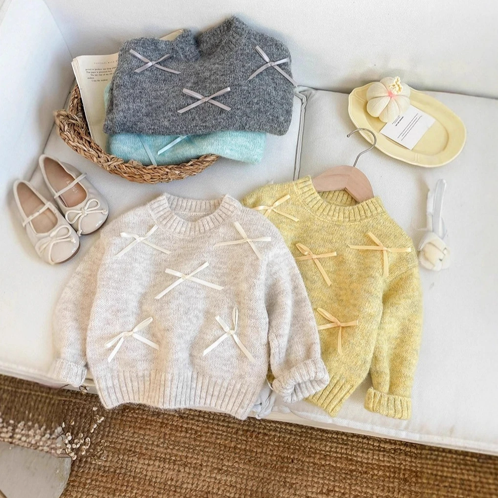 

Свитер для девочек, осень 2022, новинка, вязаная толстовка с узлом-бабочкой, корейское издание, свободный топ для детей