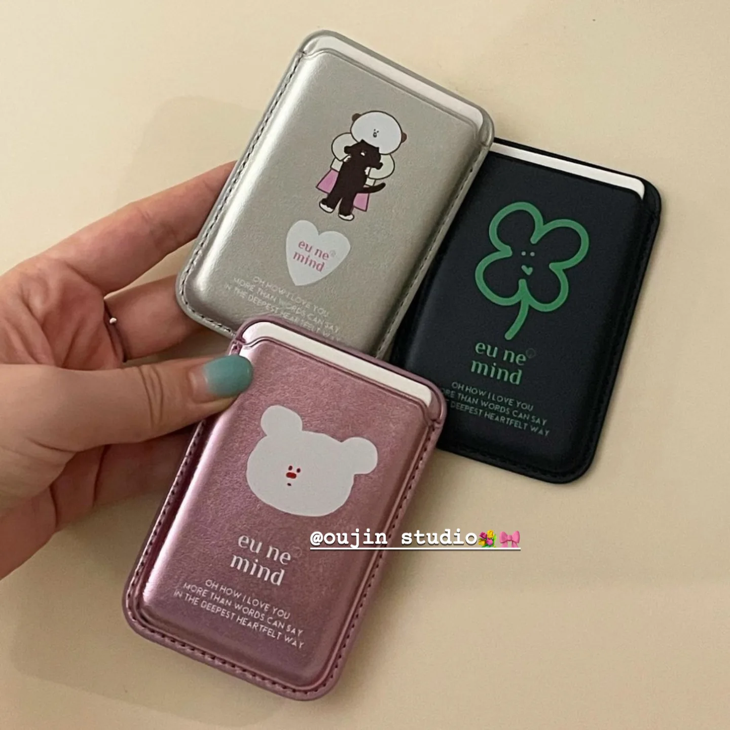 Korean ins niche design cute creative cartoon illustration Wireless magnetic leather card case for 15pro/14promax/13/12/11 mobil