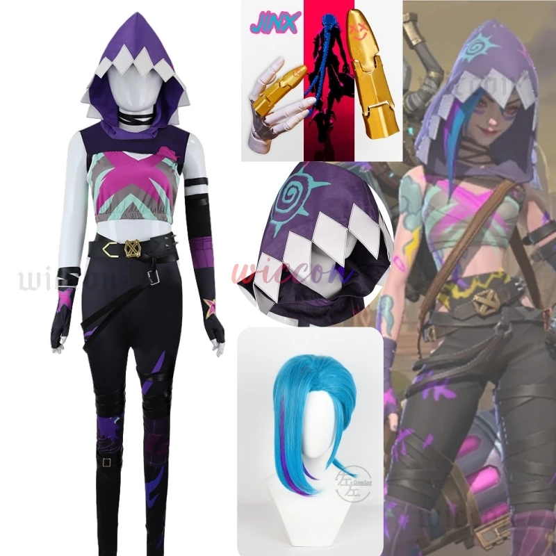 

Anime 2 Arcane Game LoL Jinx Cosplay Costume Wigs Hat Uniform Cloak 3D Finger Props Set For Halloween Christmas Girls Customized
