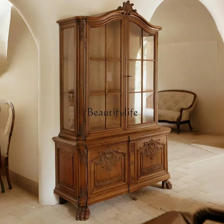 

LXEuropean retro solid wood carving old wine cabinet French classical carving log color medieval bookcase glass