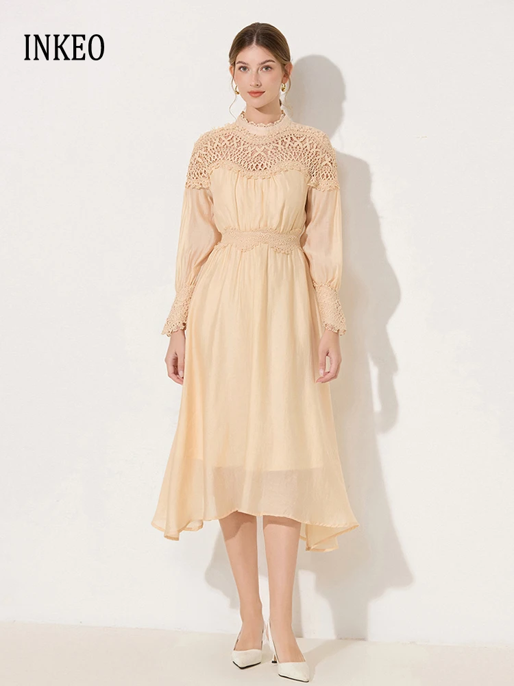 

Пляжное кружевное платье в стиле пэчворк с вырезами, женское, тренд 2026 года, абрикосовое, с воротником-стойкой, длинным рукавом, миди, INKEO 5D021