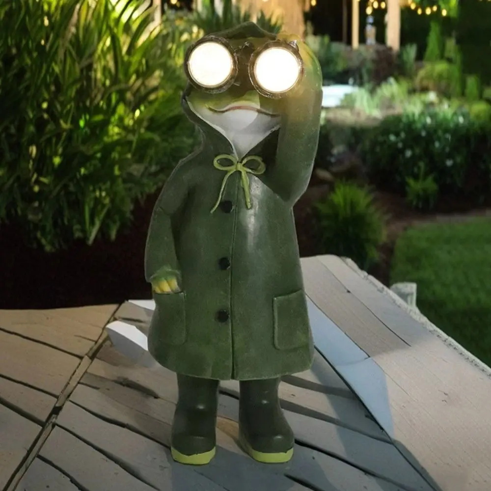 

Crafts Resin Raincoat Frog Statue Ornament Waterproof Cute Animal Sculpture Solar Powered Miniatures Figurine Courtyard