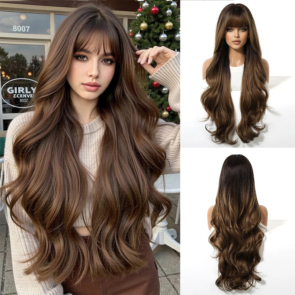 

Бордовый длинный вьющийся синтетический парик с челкой, волнистые парики для женщин, повседневные вечерние парики из каштановых волос, парик из натурального термостойкого волокна