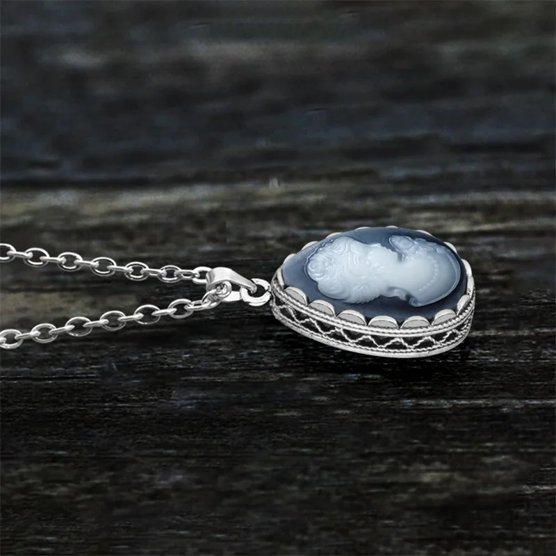 Vintage Water Drop Gray Lady Queen Cameo Necklace For Women Antique Silver Plated Flower Pendant Fashion Cameo Necklace