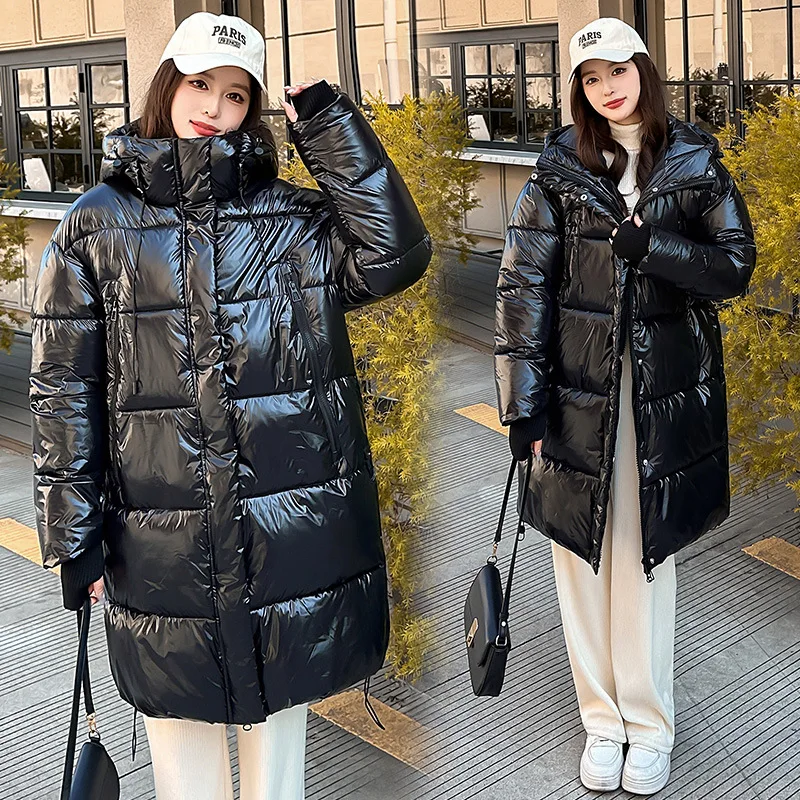 PinkyIsBlack 2025 New Autumn and Winter Cotton Padded Jacket Mid-length Thick Warm Hooded Glossy Puffer Jacket Coat Outwear
