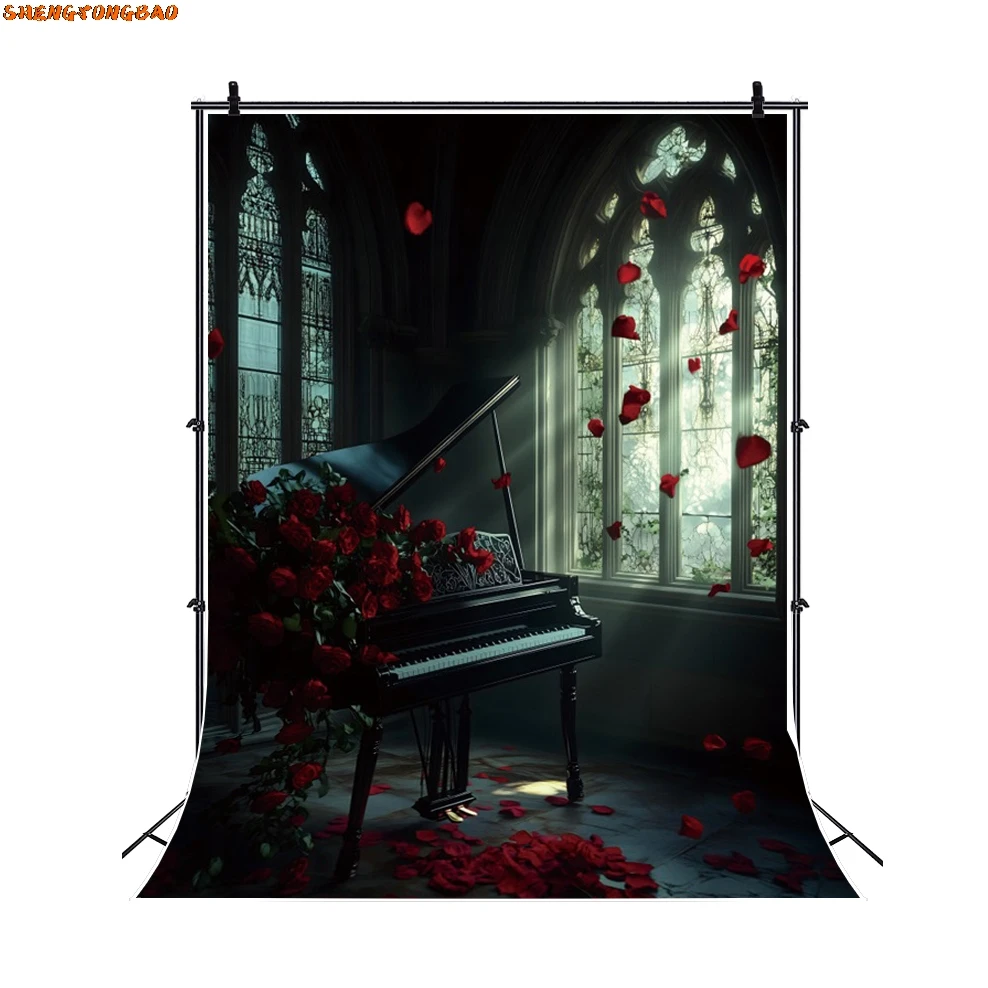 Retro ดอกไม้สีแดงการถ่ายภาพฉากหลังปราสาทโบราณเปียโนแสงแดดหน้าต่างงานแต่งงานตกแต่งคลอดบุตร Art ภาพพื้นหลัง