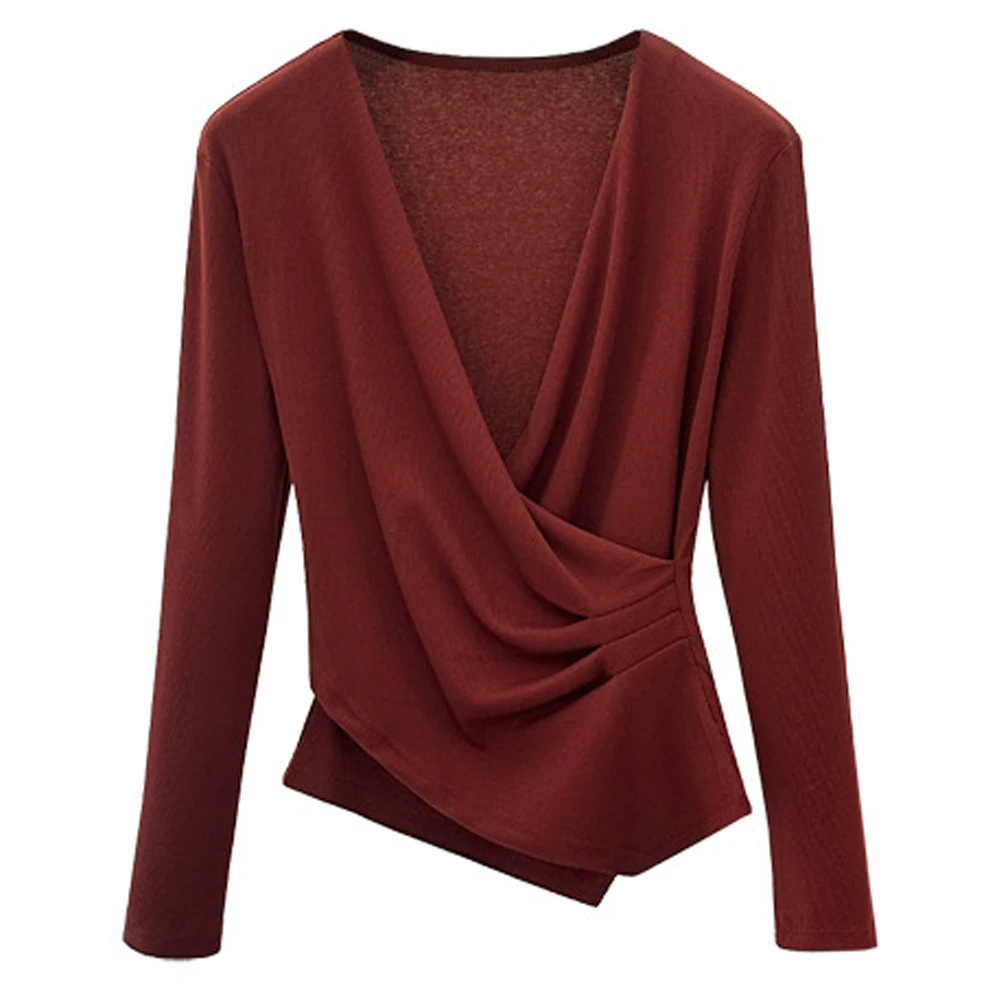 Europese stijl wijnrood T-shirt met lange mouwen voor dames herfst nieuwe katoenen mode plus size geplooide onregelmatige V-hals casual top