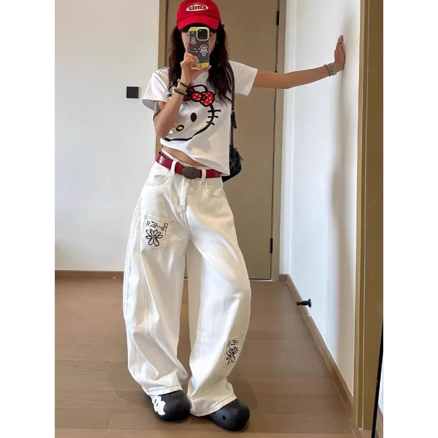 

American Style Floral Print Wide Leg Jeans Women's Summer Design White Casual Trousers Couple Workwear Pants Breathable