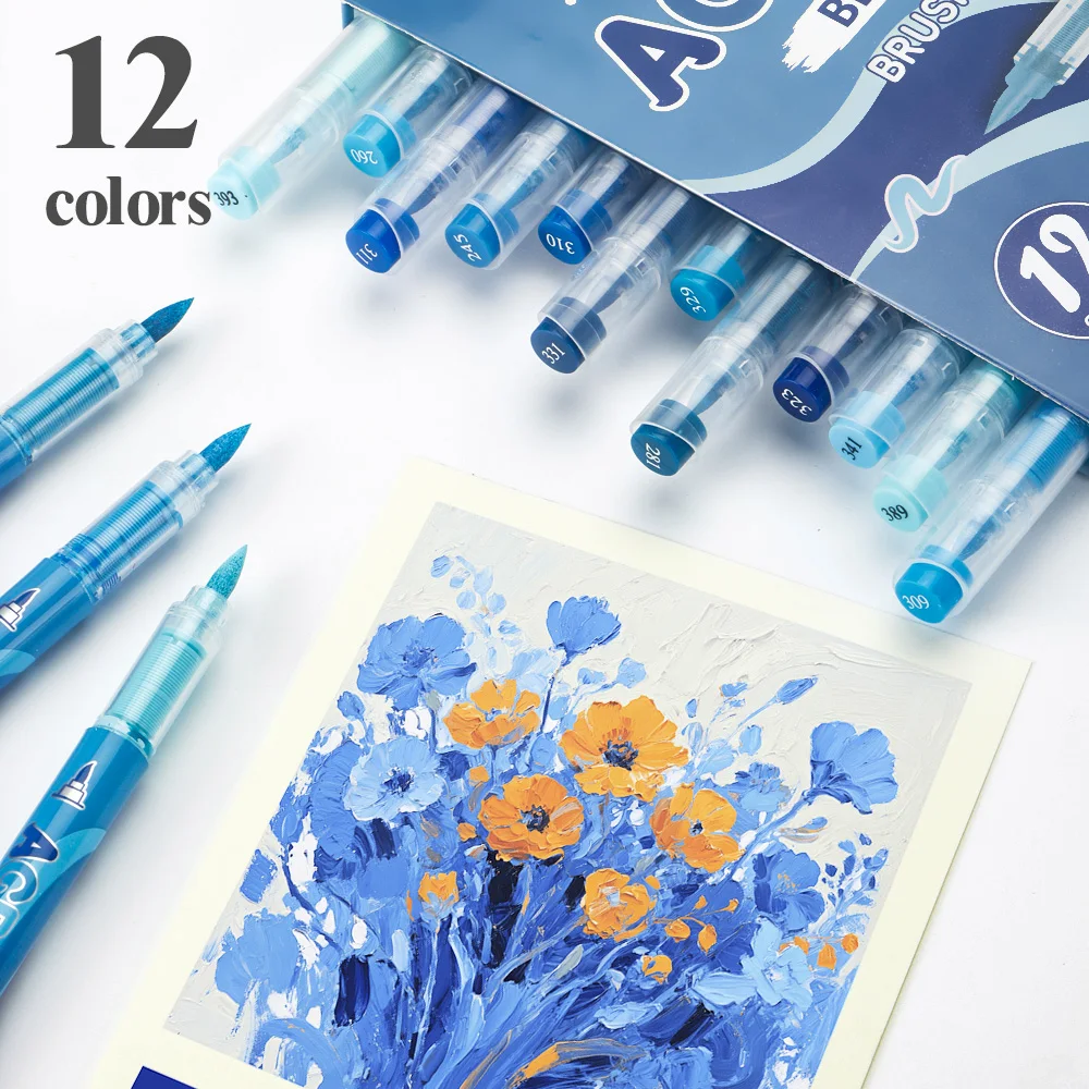 

12 Colors Acrylic Markers Blue Series Drawing Smooth Soft Pen Tip for Painting DIY CD Egg for Kid Gift Art School Supplies