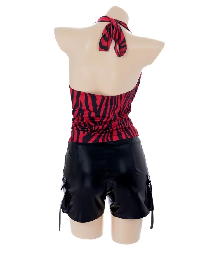 Movie Obsession Nikki Punk Street Style Cosplay Outfit Zebra Neckholder-Top und Cargo-Shorts aus Kunstleder, kompletter Anzug – Detail 8