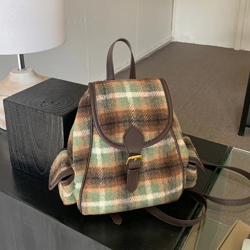 Vintage Woolen Plaid Backpack for Women Retro College Girls Mini Knapsack Portable Double Shoulder Bags Female Travel Handbags