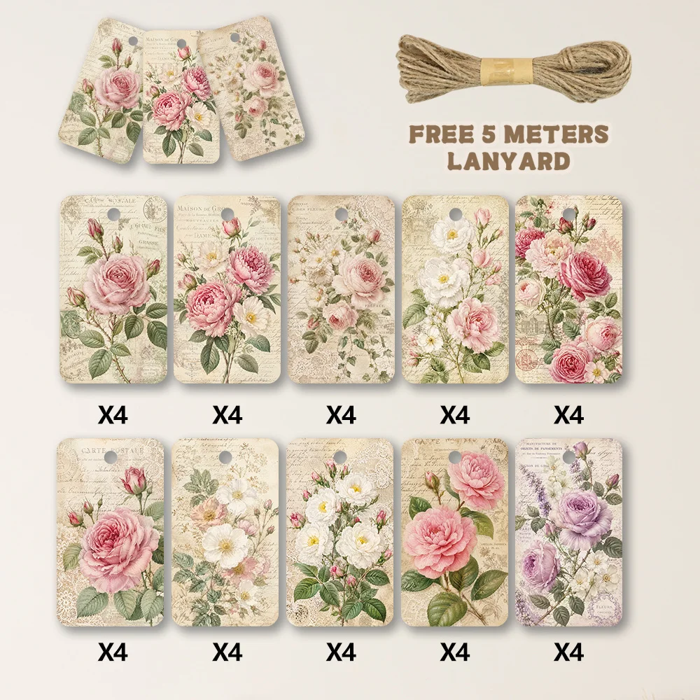 40pcs, Gift Tags, French Vintage Rose Gift Art, Hanging Paper Labels for Gift Wrapping, Holiday Party Decor with String