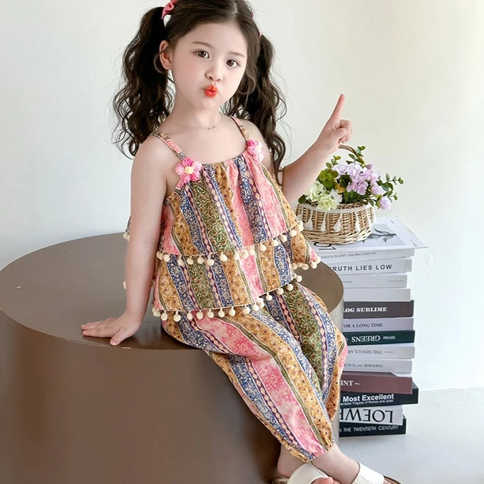 

Girls Suit 2025 Summer New Children's Clothing Korean Style Girl Baby Sweet Boho Suspender Pants Two-piece Casual Simple