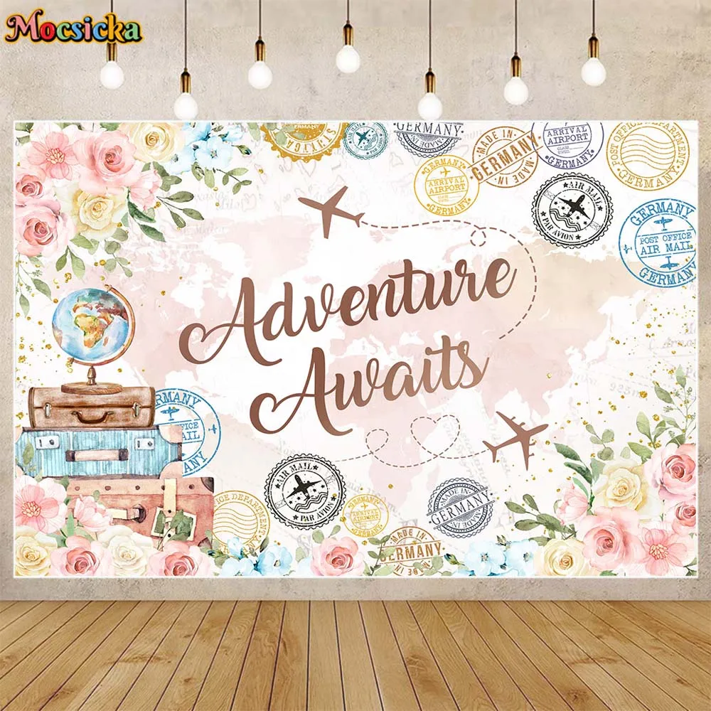 

Mocsicka Adventure Awaits Photo Background Travel Airplane Flower Newborn Welcome Party Decor Baby Birthday Backdrop Photo Shoot