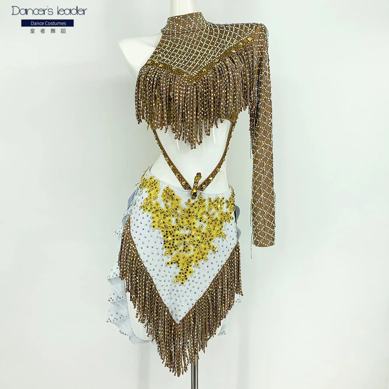 High End Custom Latin Dance Half Shoulder Waist Dew Catkin Tassel Dance Skirt ChaCha Tango Female Adult Stage Professional Dress