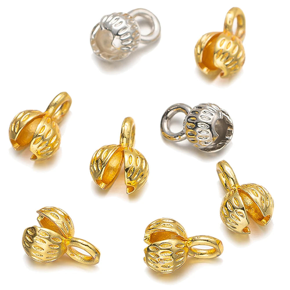 10 Uds. De cuentas de engarce de latón chapadas en oro de 18K, extremos de Calotte, tapas de cubiertas de nudos para pulsera DIY, collar, joyería artesanal, No se decolora
