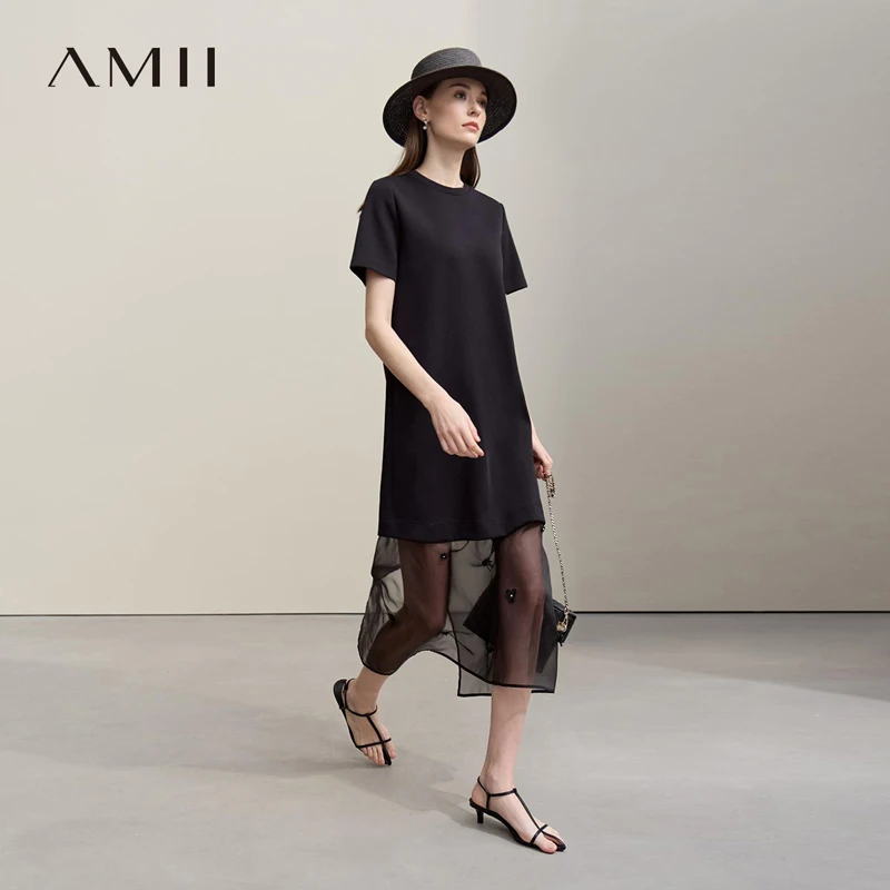 Vestidos Largos Amii Primavera 2026, Nuevo Vestido de Mujer con Cuello Redondo y Manga Corta, Diseño de Parches, Organza Extraíble, Vestido Elegante para Mujer 12651024