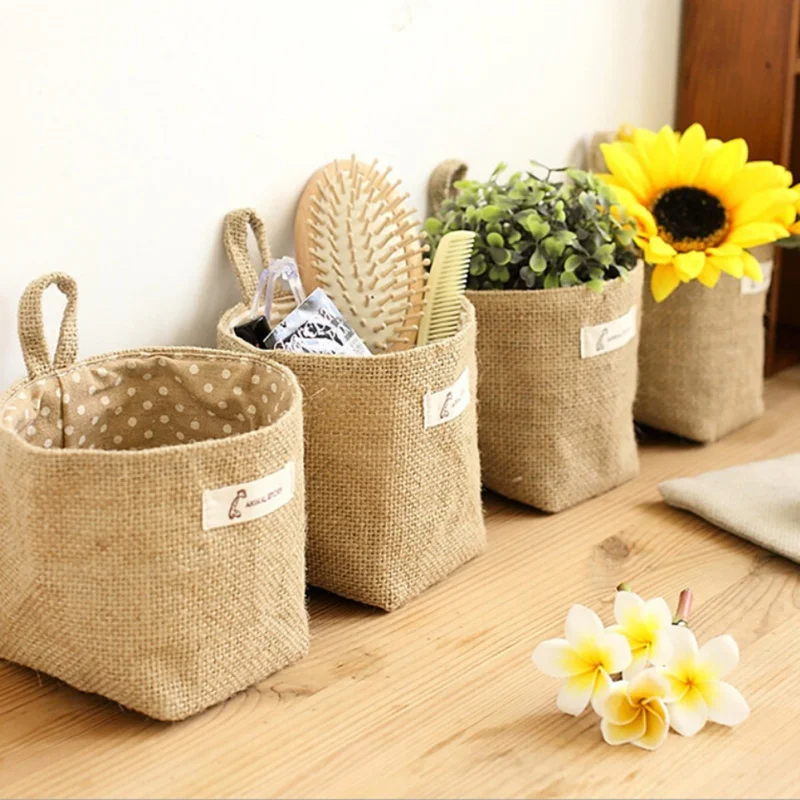 Cotton Linen Wall Hanging Storage Bag Desktop Storage Bucket Home Office Organizer Flower Pot Small Sack Bathroom Kitchen Basket