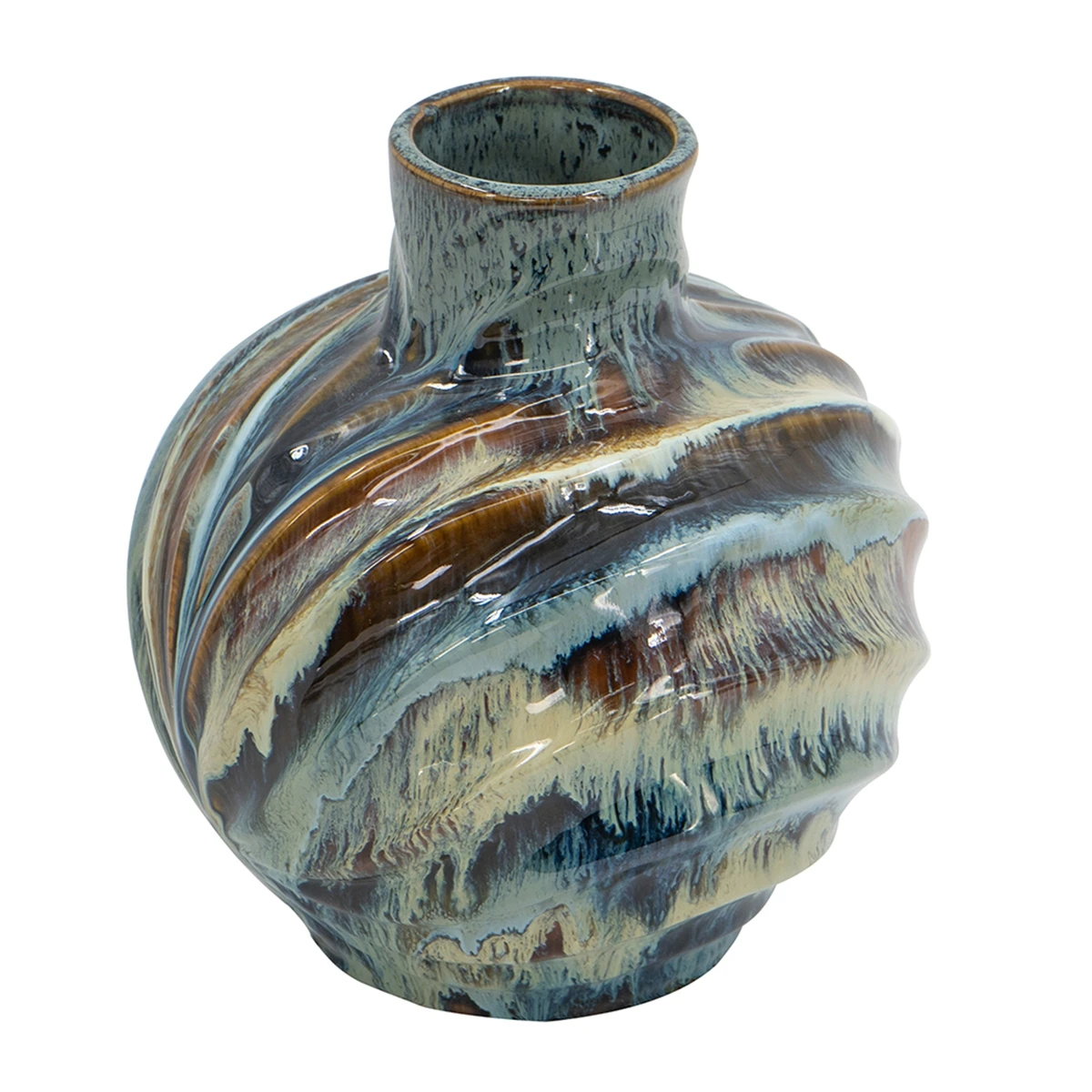 Blue and Brown Reactive Glazed Accent Vase This Vase Boasts an Intriguing Blend of Blue and White Colors Across the Curved