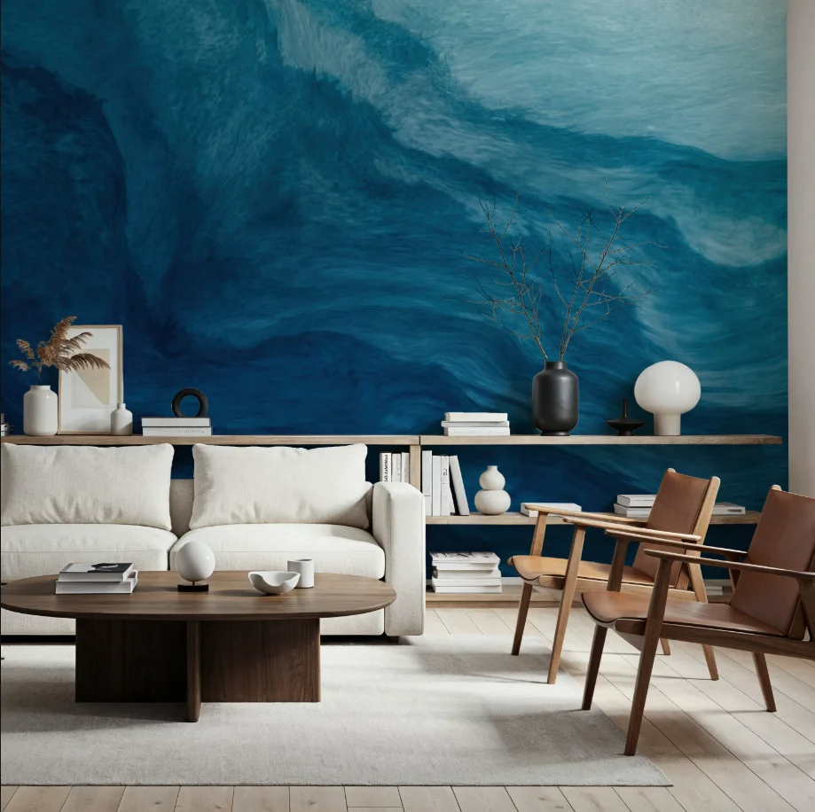 

Customized size mural with abstract and soft beige blending into deep blue, creating a smooth, wavy texture wallpaper decoration