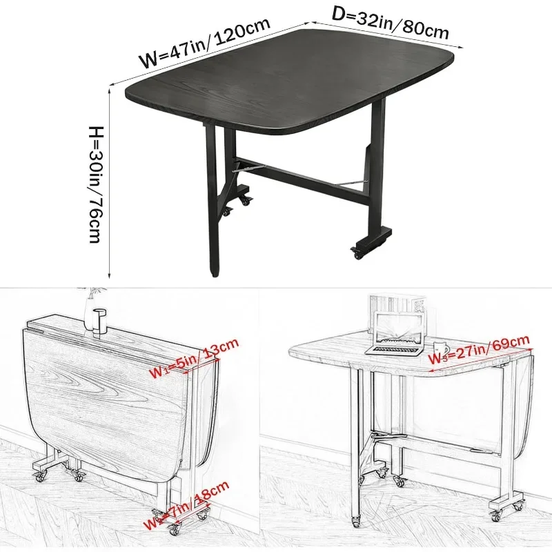 Multifunctionele Tafel Blad Blad Eettafel-47 "Massief Houten Opvouwbare Keukentafel Met 6 Wielen (Zwart)