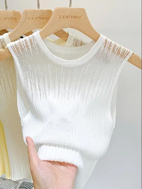 Mesh Small Camisole Women's Inner Hollow Out Undershirt Sleeveless Cropped Top Ice Silk Knit Summer Wear Ins Top