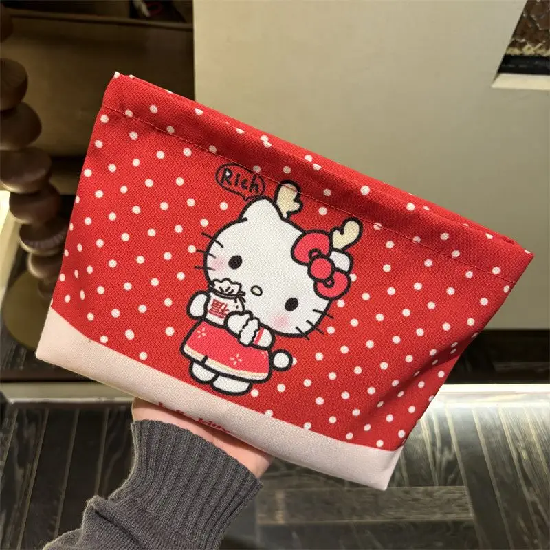 Kawaii Hello Kitty Coin Purse Cute Red Polka Dot Printed Cartoon Canvas Autumn Portable Large Capacity Travel Makeup Storage Bag