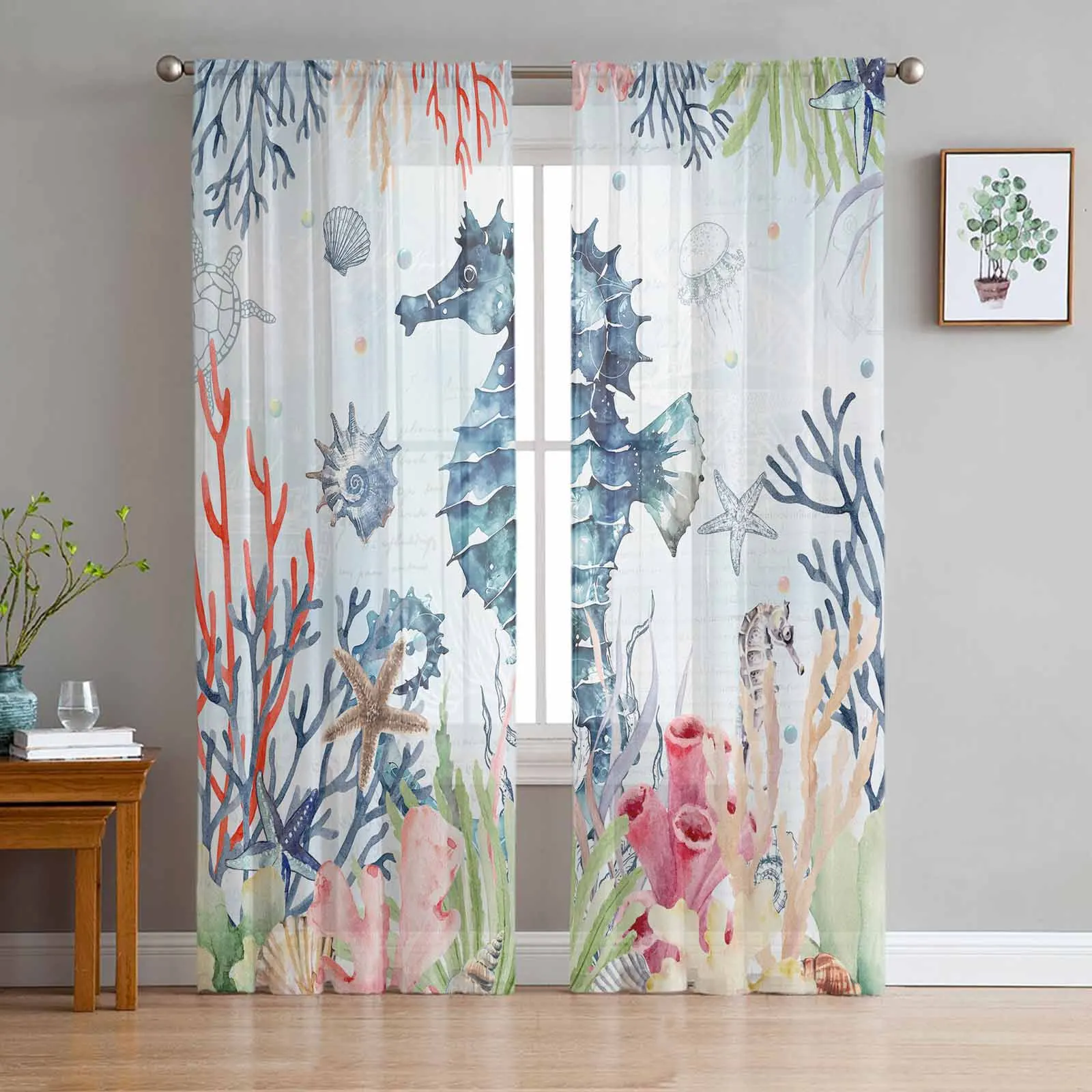 Marine Organisms Coral Seahorses Sheer Curtains for Living Room Decoration Window Curtains Kitchen Tulle Voile Organza Curtains