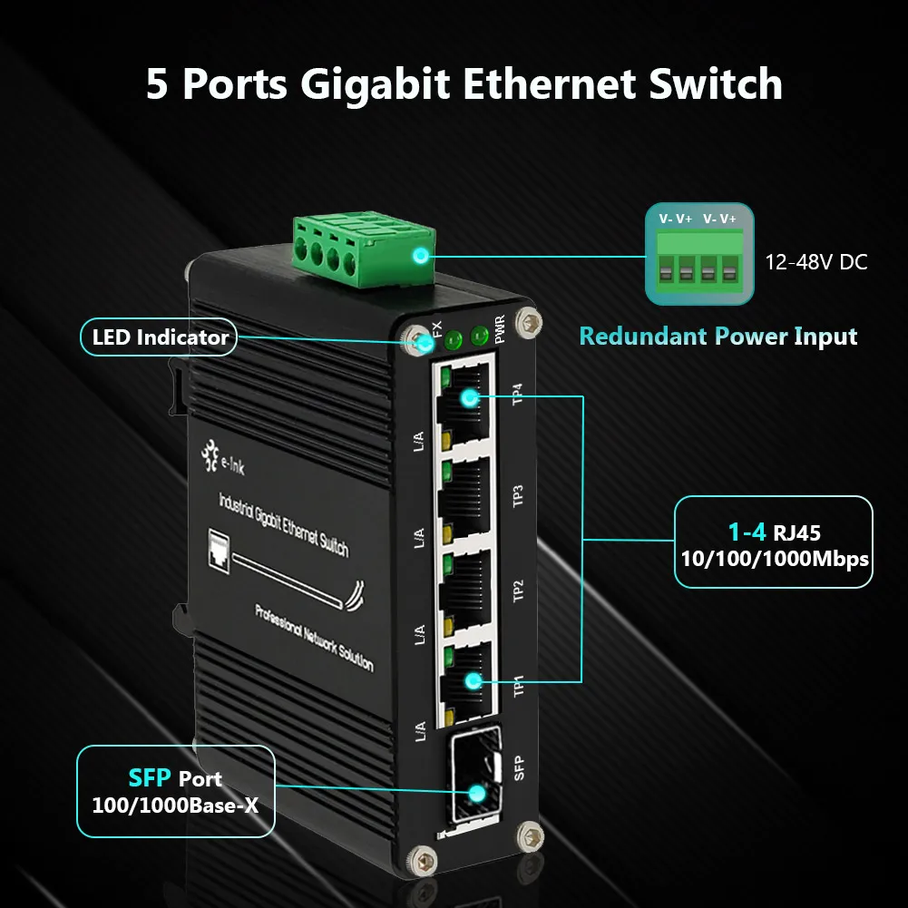 E-link 5 Ports 10/100/1000Mbps Switch with SFP Port 10Gbps IP40 Non-Blocking for Security IP Cameras