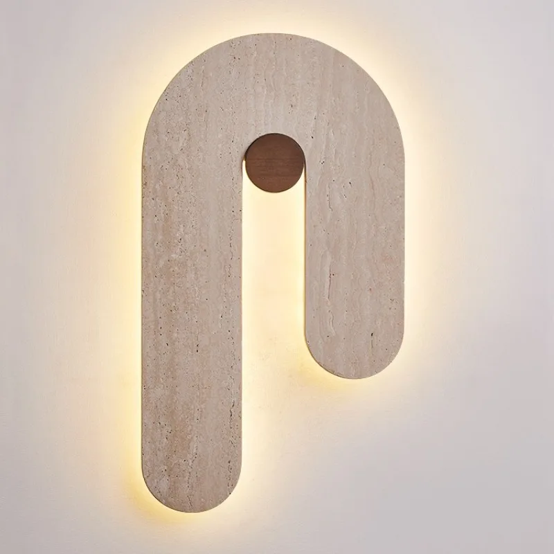 

Japanese Retro Wooden Base Wall Lamps LED Light Curved Shape Yellow Travertine Lampshade Living Room Bedroom Restaurant Sconces