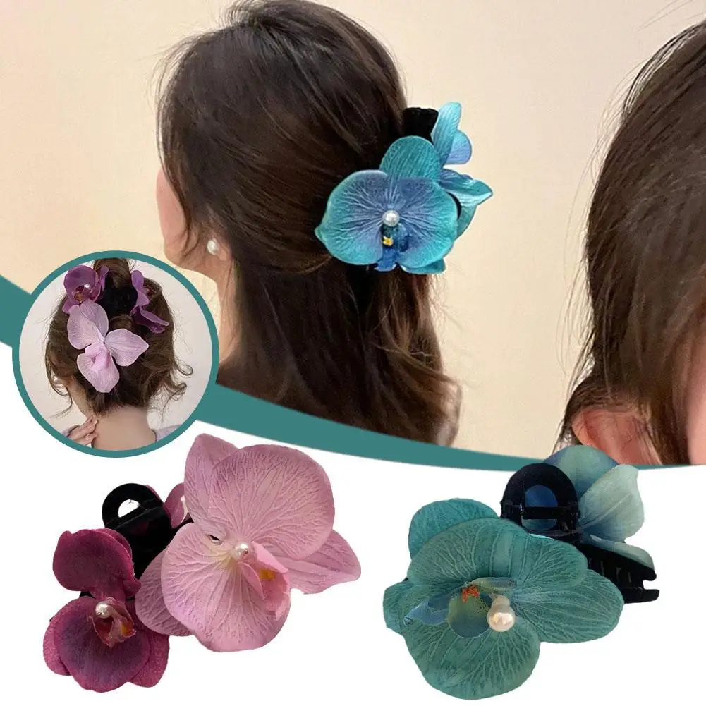 Simulated Flowers Hair Clips Phalaenopsis Flower Hair Claws Headwear Retro Pearl Floral Shark Clip Hair Accessories