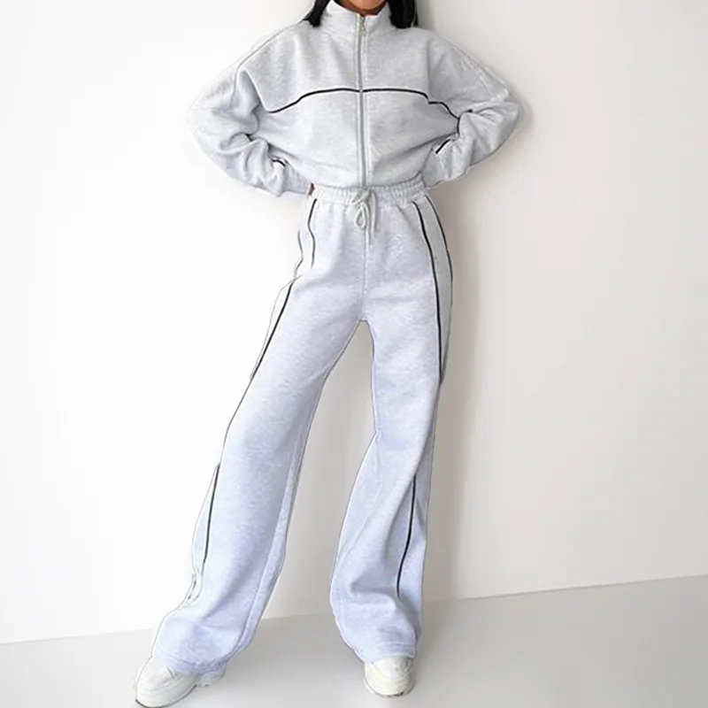 Women Set Autumn Winter Fashion Stripe Crop Hoodie Sweatshirt And Pants Set Casual Two-Piece Set Women Tracksuit Jogger Sets