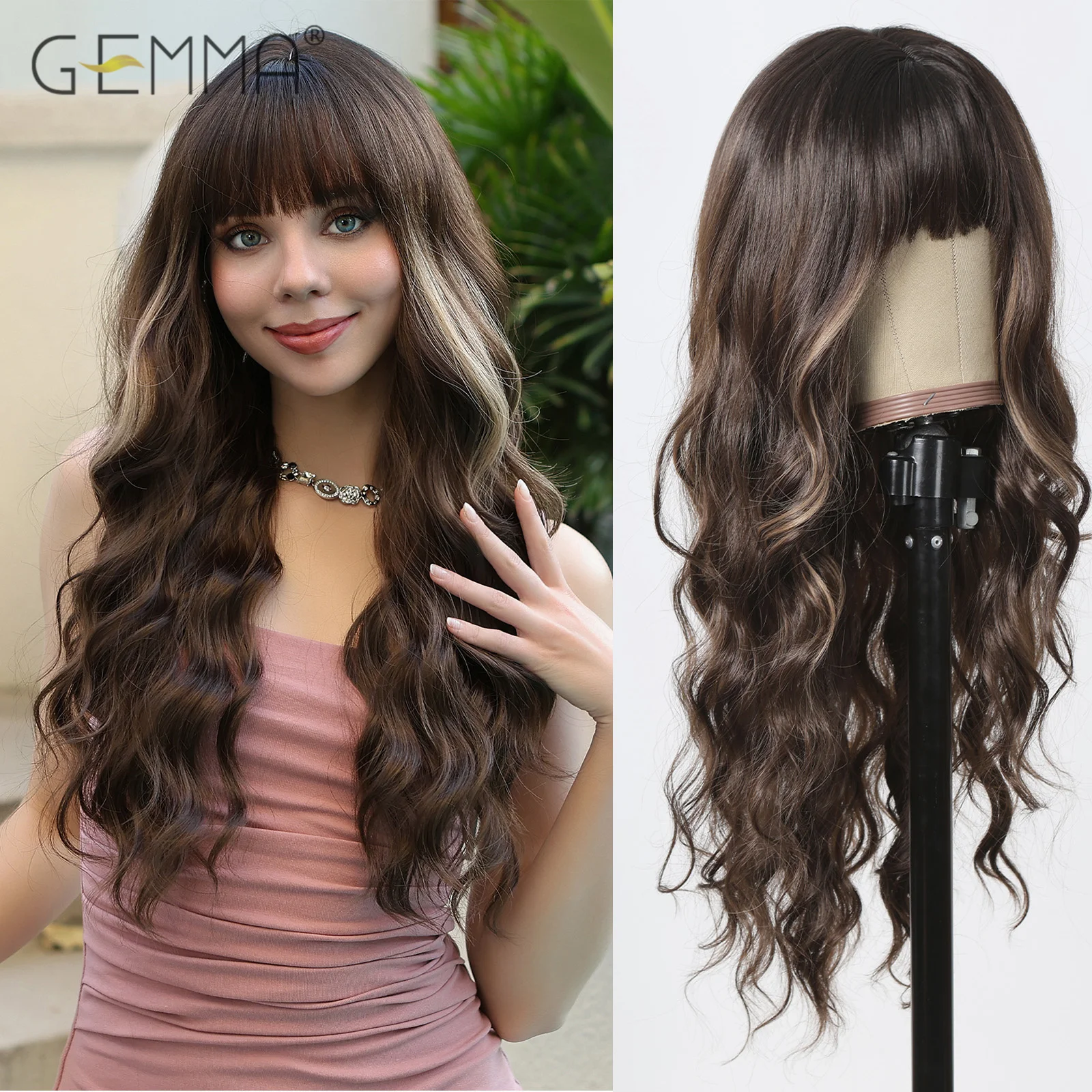 

GEMMA Synthetic Brown Highlight Wig with Bangs Long Wavy Wigs for Women Daily Use Heat Resistant Natural Fake Hair Cosplay Wig