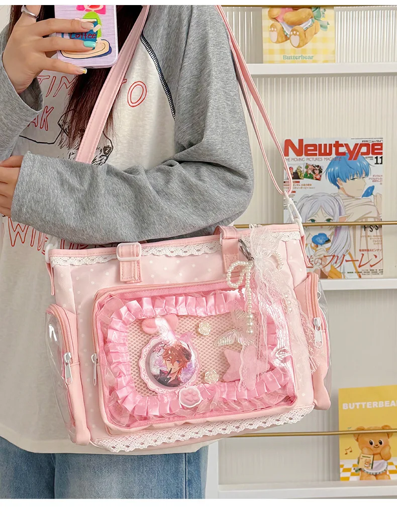 Neue Kawaii Leichte Umhängetasche Anime Transparente Ita-Tasche Damen Schulter-Crossbody-Tasche Modische Polka-Dot-Schleifen-Tragetasche – Detail 12