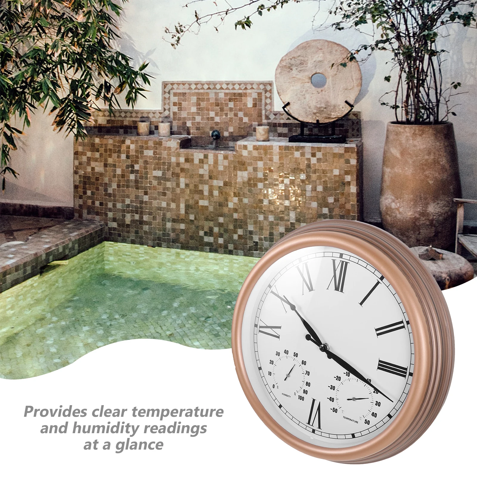 

15inch Waterproof Outdoor Garden Wall Clock Thermometer Hygrometer Roman Numerals Temperature Humidity Patios Plastic Frame
