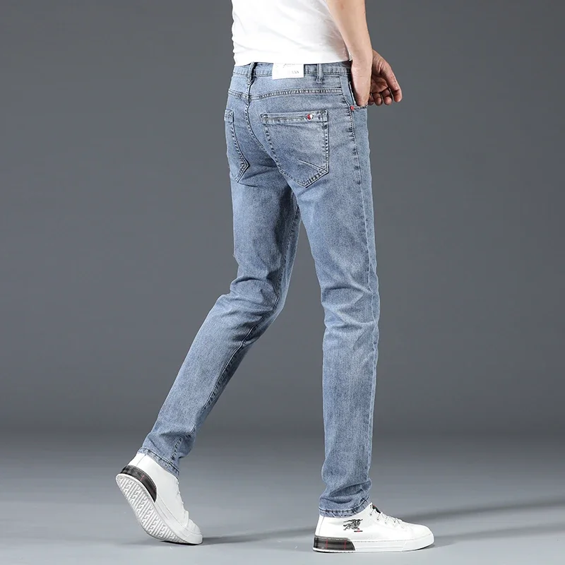 New Men's Cotton Business Casual Skinny Jeans Trendy Fashionable Stretch Straight Slim Denim Trousers Male Blue Grey